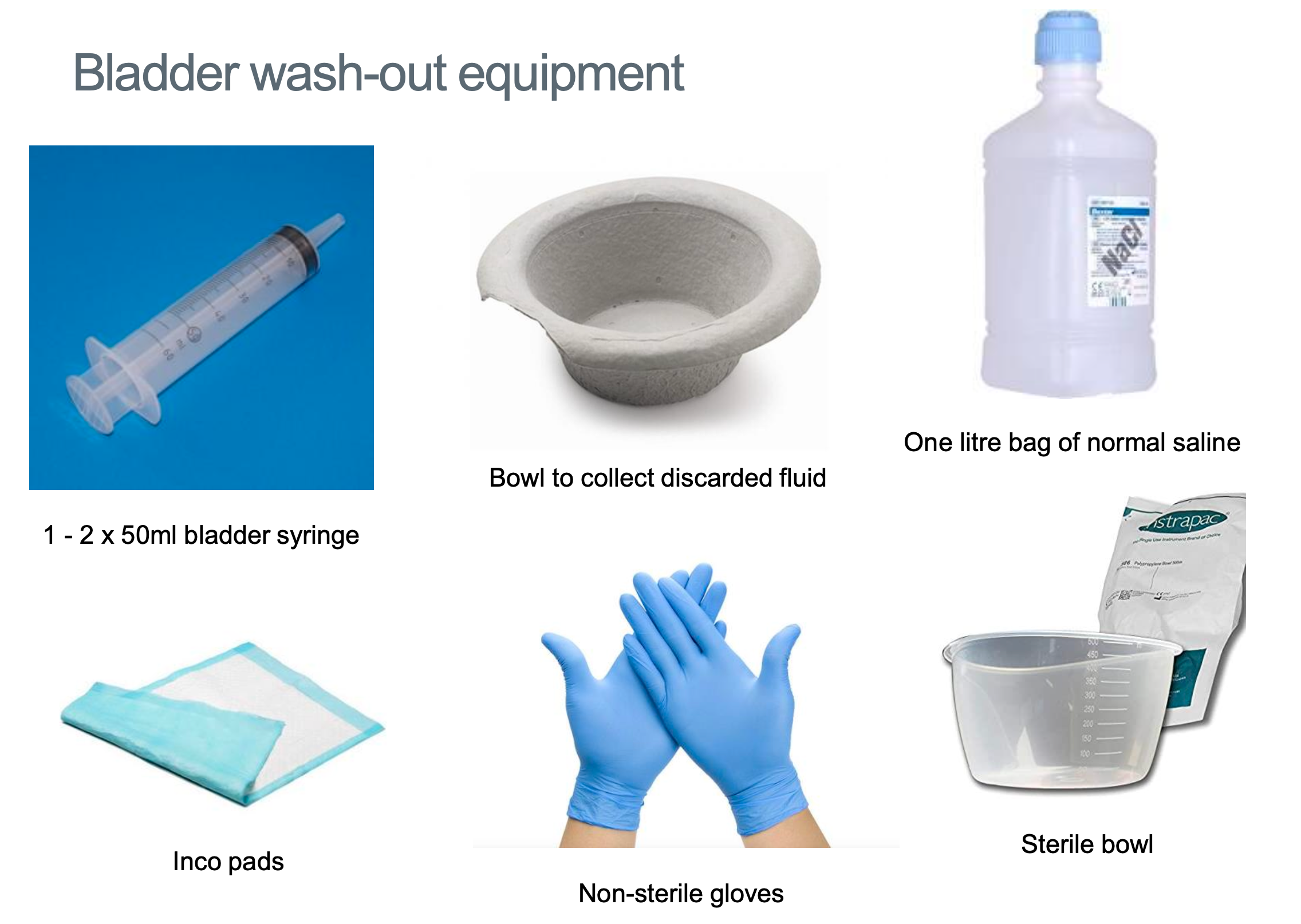 Bladder wash-out equipment — syringe, bowls, saline, gloves and pads